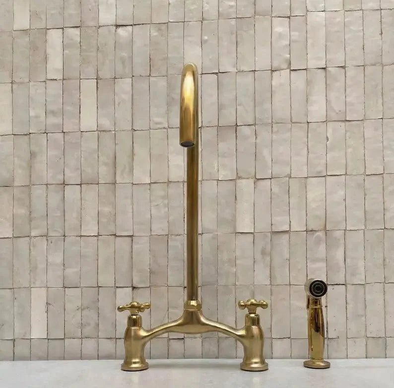 Brass V-Style Bridge Kitchen Faucet, Arched Brass Tap - BRASSDORIA