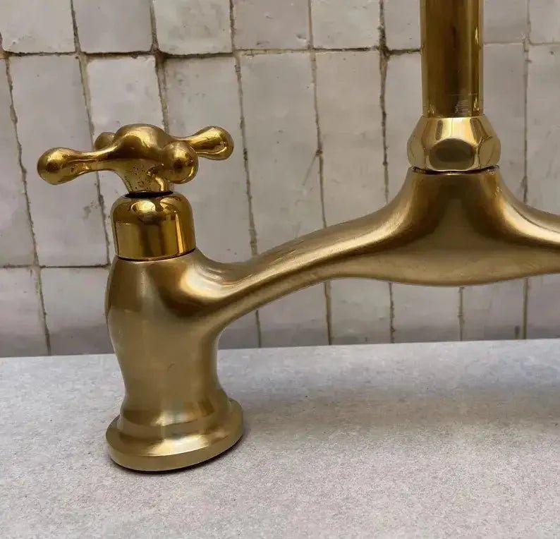 Brass V-Style Bridge Kitchen Faucet, Arched Brass Tap - BRASSDORIA