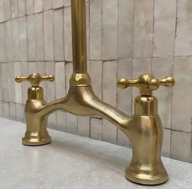 Brass V-Style Bridge Kitchen Faucet, Arched Brass Tap - BRASSDORIA