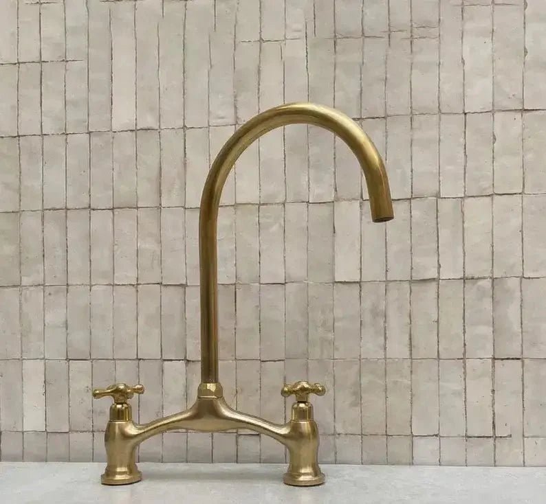 Brass V-Style Bridge Kitchen Faucet, Arched Brass Tap - BRASSDORIA