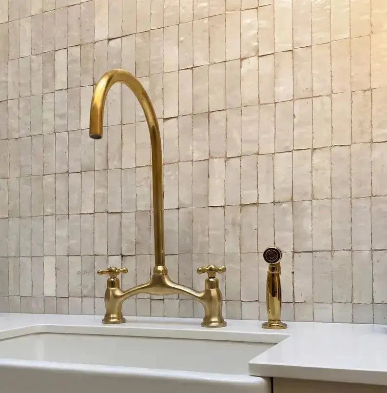 Brass V-Style Bridge Kitchen Faucet, Arched Brass Tap - BRASSDORIA