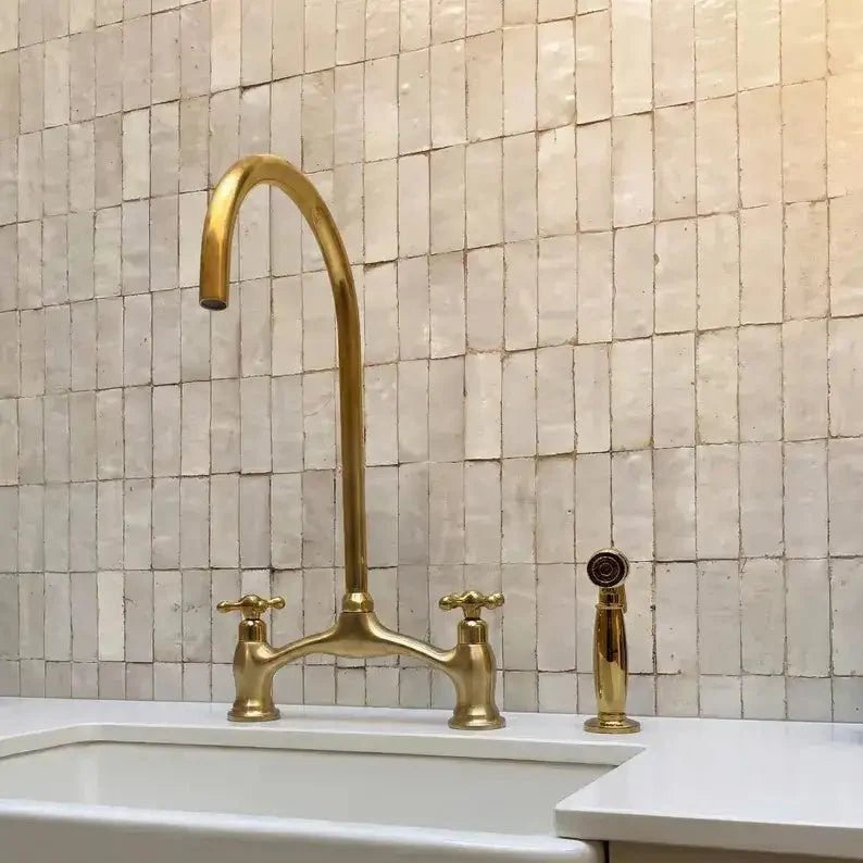 Brass V-Style Bridge Kitchen Faucet, Arched Brass Tap - BRASSDORIA