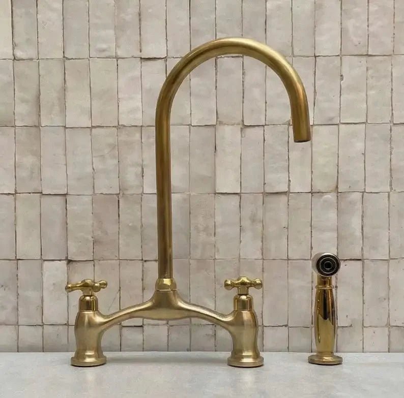 Brass V-Style Bridge Kitchen Faucet, Arched Brass Tap - BRASSDORIA