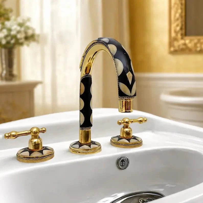 Brass & Wood Widespread 3 Holes Bathroom Faucet - Brass Bath Tap - BRASSDORIA