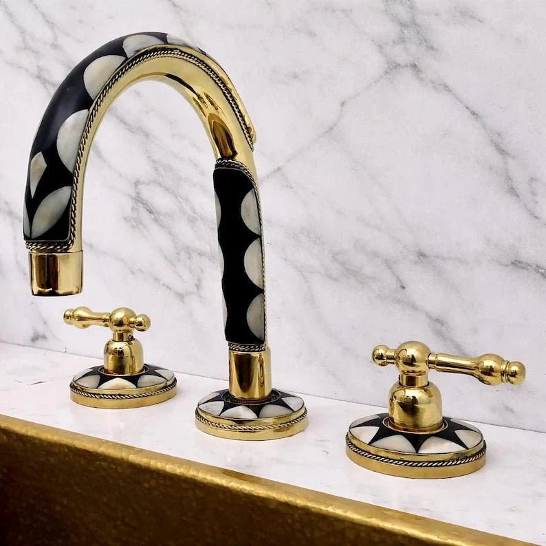 Brass & Wood Widespread 3 Holes Bathroom Faucet - Brass Bath Tap - BRASSDORIA