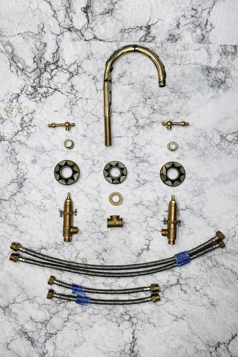 Brass & Wood Widespread 3 Holes Bathroom Faucet - Brass Bath Tap - BRASSDORIA