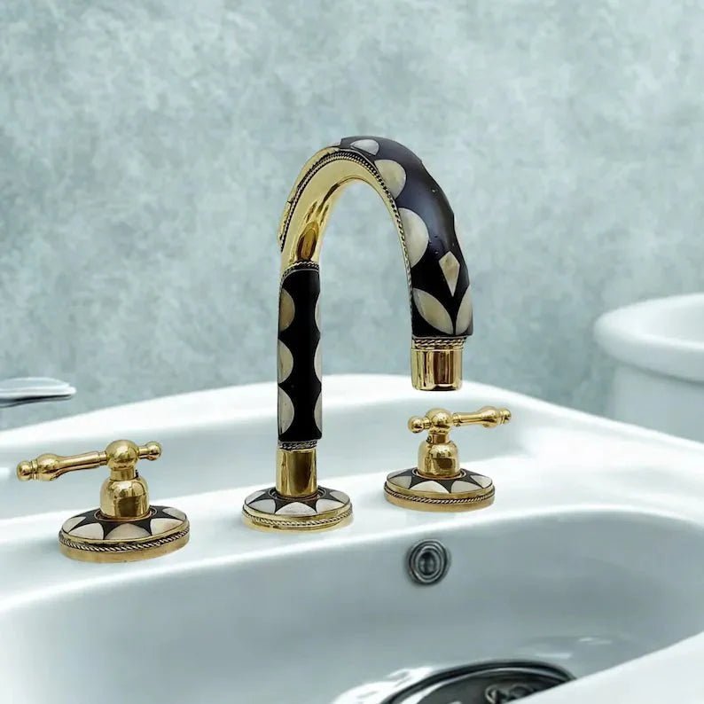Brass & Wood Widespread 3 Holes Bathroom Faucet - Brass Bath Tap - BRASSDORIA