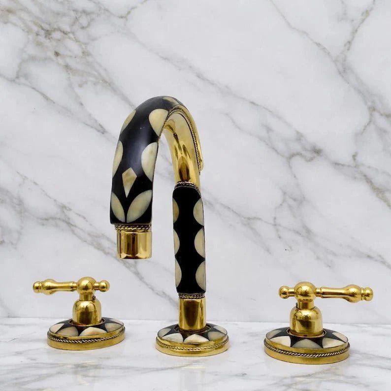 Brass & Wood Widespread 3 Holes Bathroom Faucet - Brass Bath Tap - BRASSDORIA