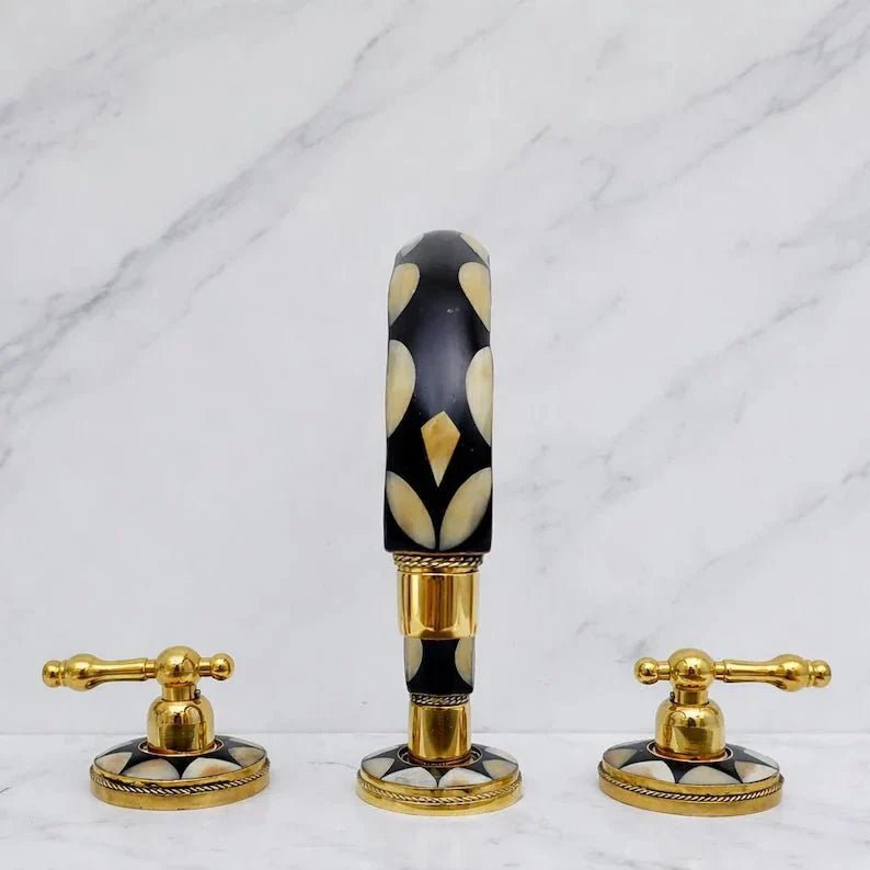 Brass & Wood Widespread 3 Holes Bathroom Faucet - Brass Bath Tap - BRASSDORIA