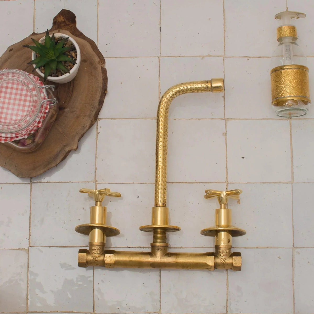 Built In Brass Bathroom Faucet- Hammered Wall Sink Faucet - BRASSDORIA