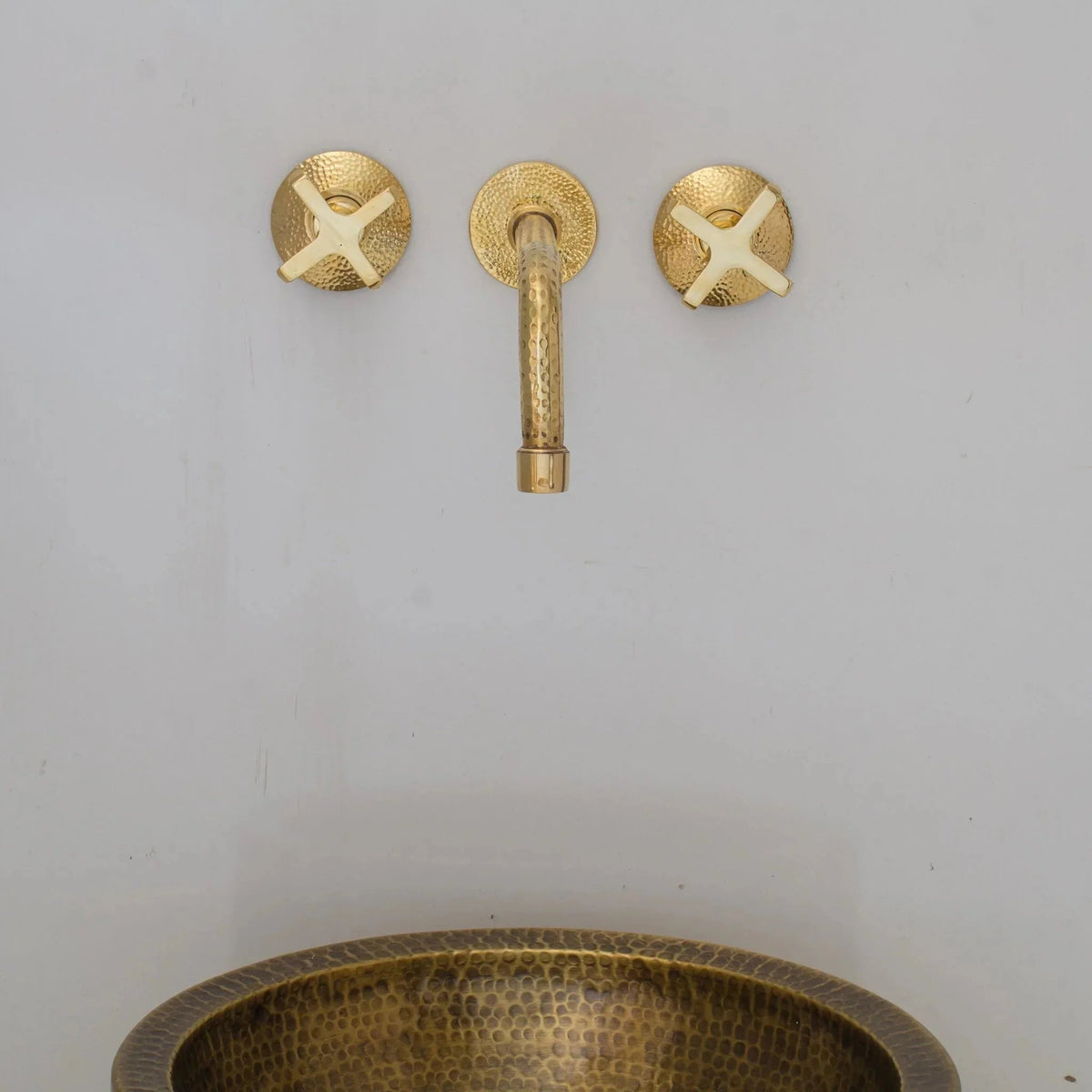 Built In Brass Bathroom Faucet- Hammered Wall Sink Faucet - BRASSDORIA