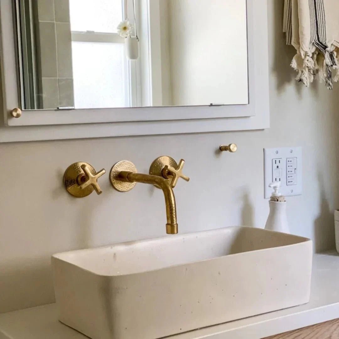 Built In Brass Bathroom Faucet- Hammered Wall Sink Faucet - BRASSDORIA