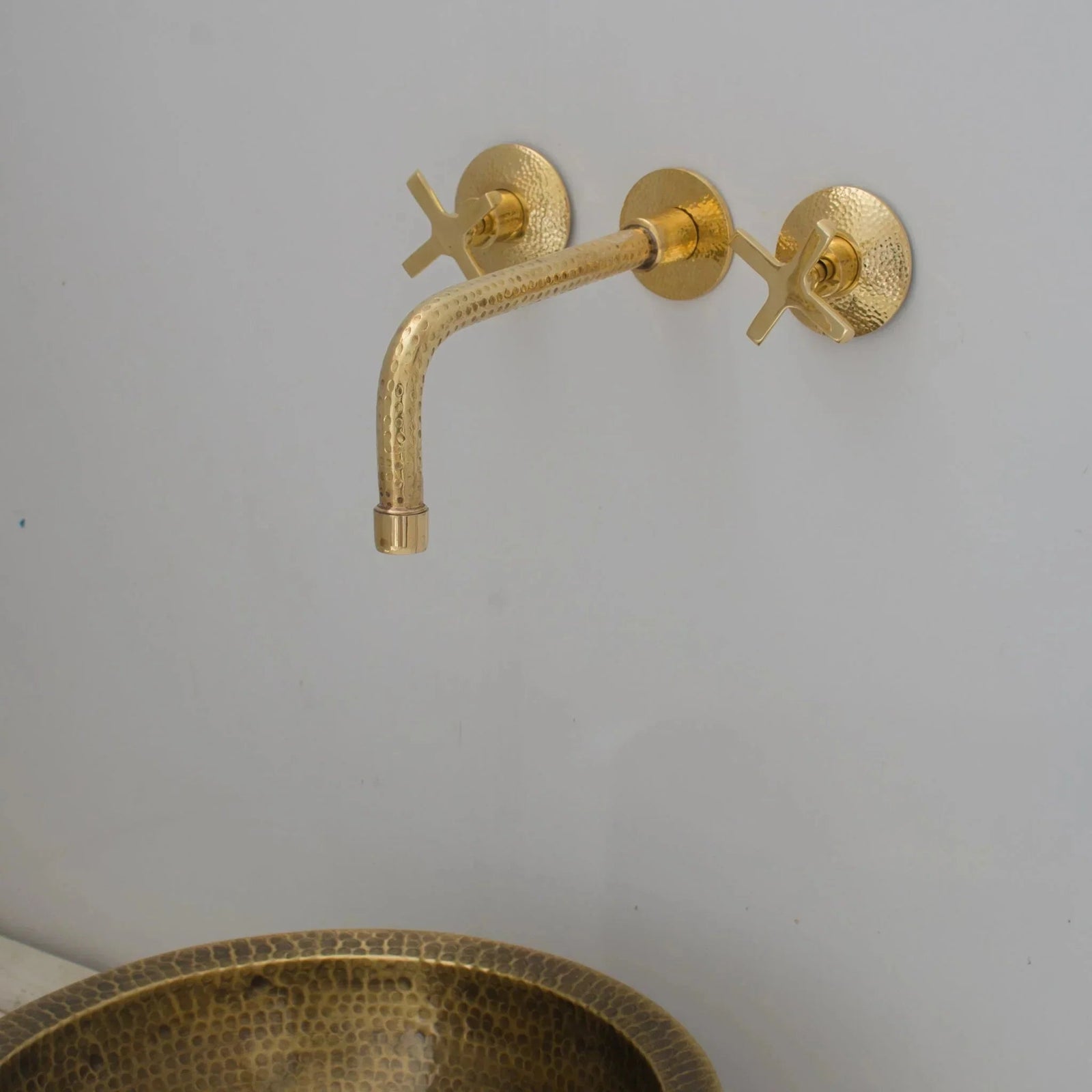 Built In Brass Bathroom Faucet- Hammered Wall Sink Faucet - BRASSDORIA
