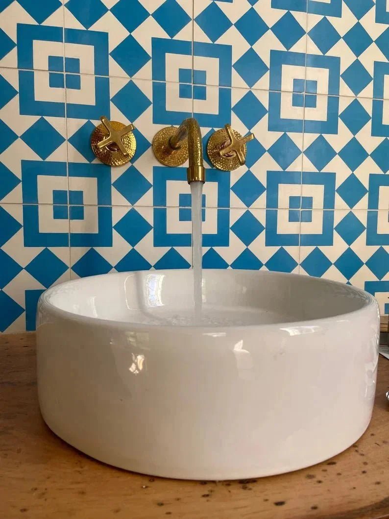 Built In Brass Bathroom Faucet- Hammered Wall Sink Faucet - BRASSDORIA