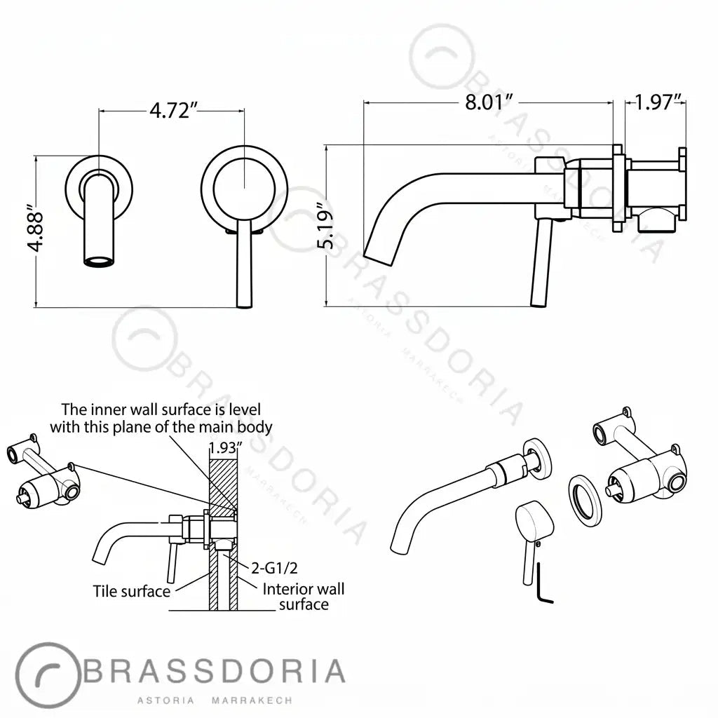 Built In Wall Mount Brass Bathroom Faucet Vanity Sink Faucet Vintage Brass Fixture - BRASSDORIA