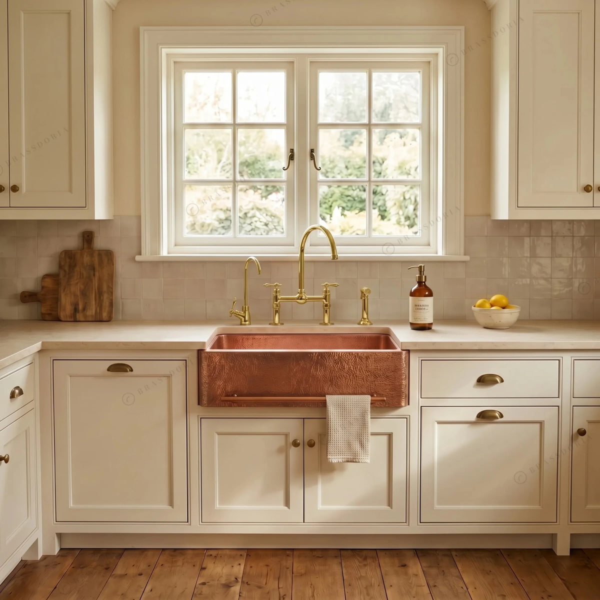Copper Sink Hammered Front Apron With Towel Bar – Bryn - BRASSDORIA