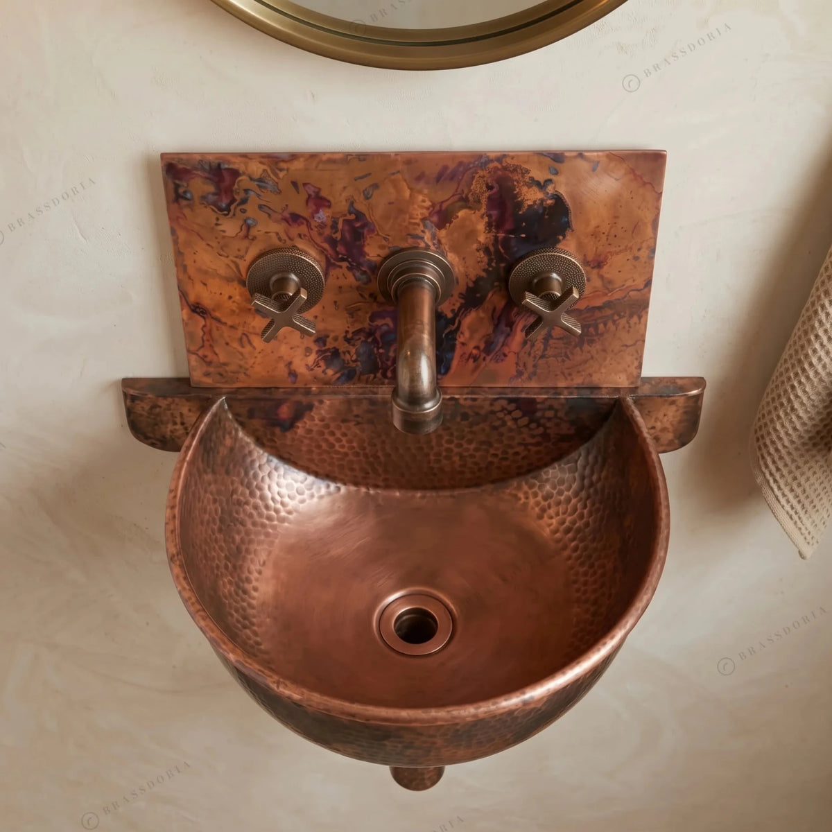 Copper Wall-Mount Bathroom Sink – Rustic Copper Bathroom Basin with Mixer Faucet - BRASSDORIA