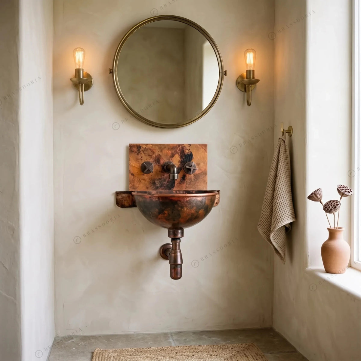 Copper Wall-Mount Bathroom Sink – Rustic Copper Bathroom Basin with Mixer Faucet - BRASSDORIA
