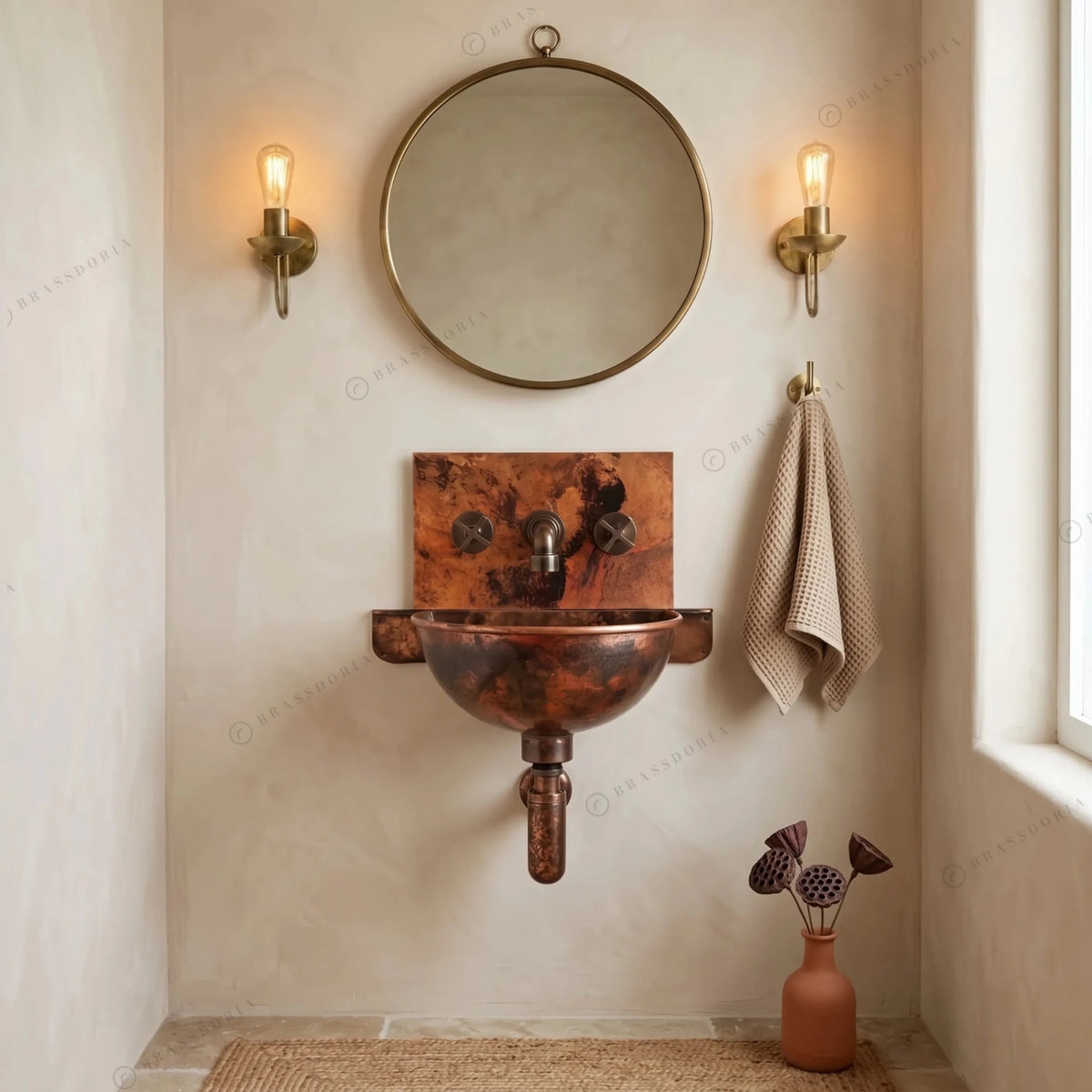 Copper Wall-Mount Bathroom Sink – Rustic Copper Bathroom Basin with Mixer Faucet - BRASSDORIA