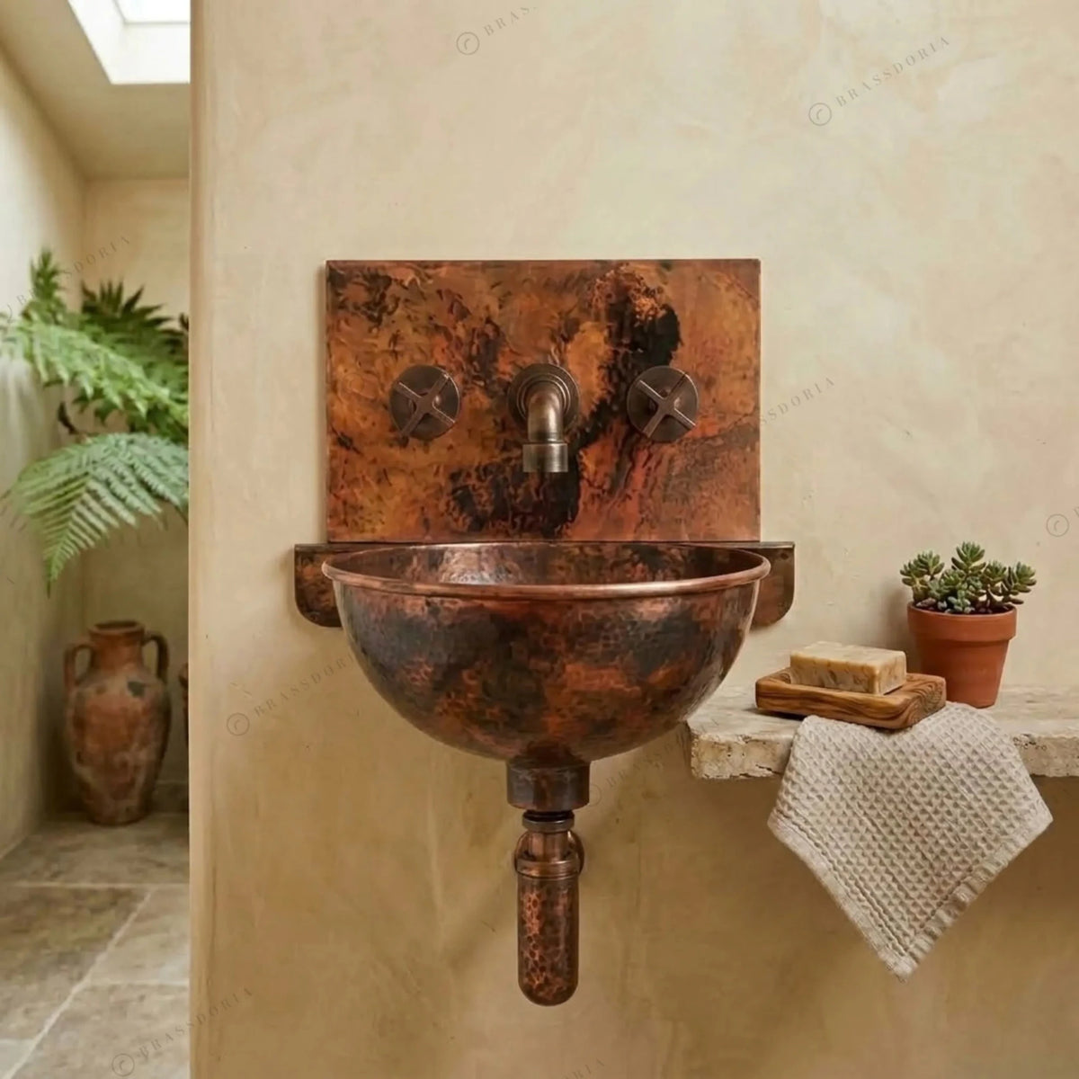Copper Wall-Mount Bathroom Sink – Rustic Copper Bathroom Basin with Mixer Faucet - BRASSDORIA
