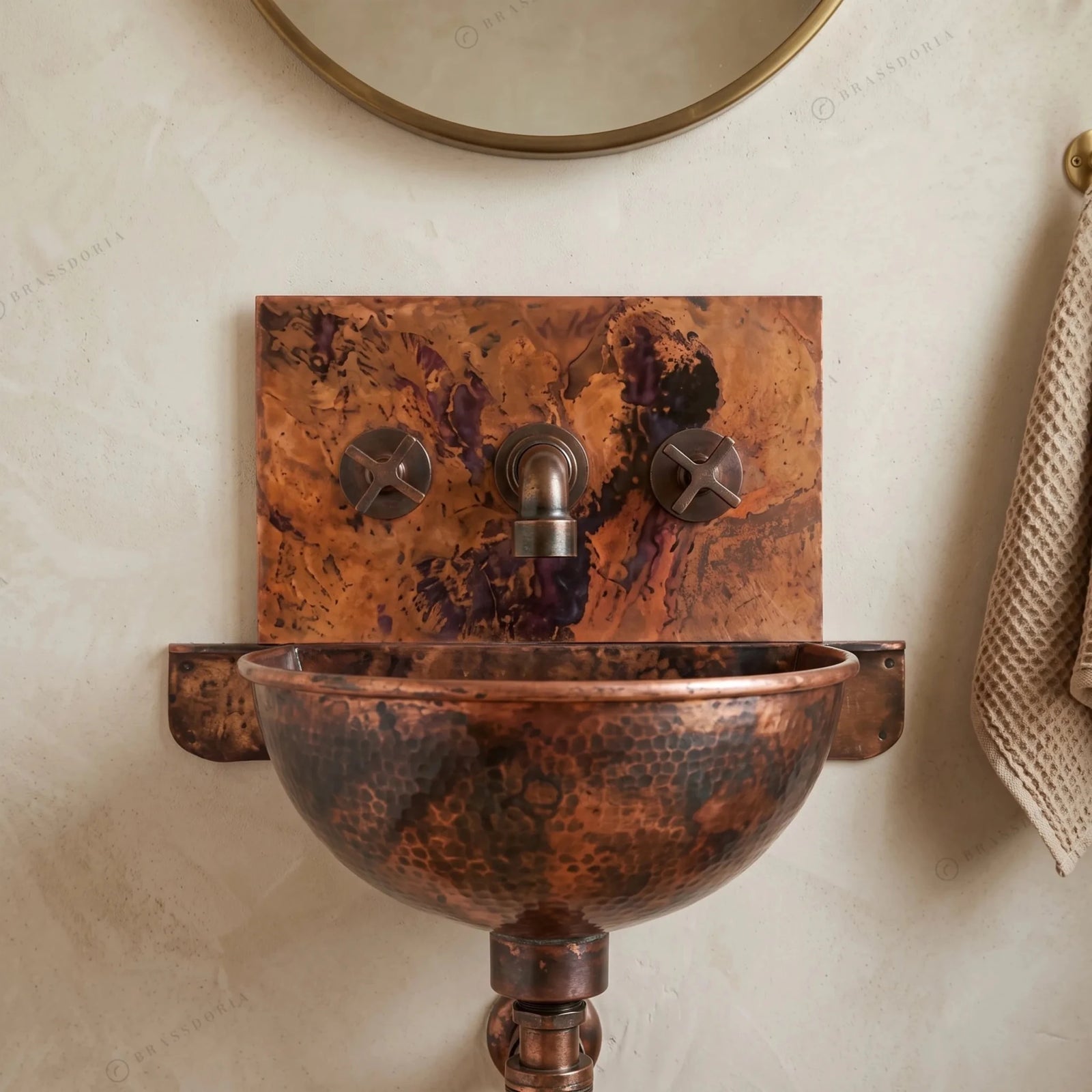 Copper Wall-Mount Bathroom Sink – Rustic Copper Bathroom Basin with Mixer Faucet - BRASSDORIA