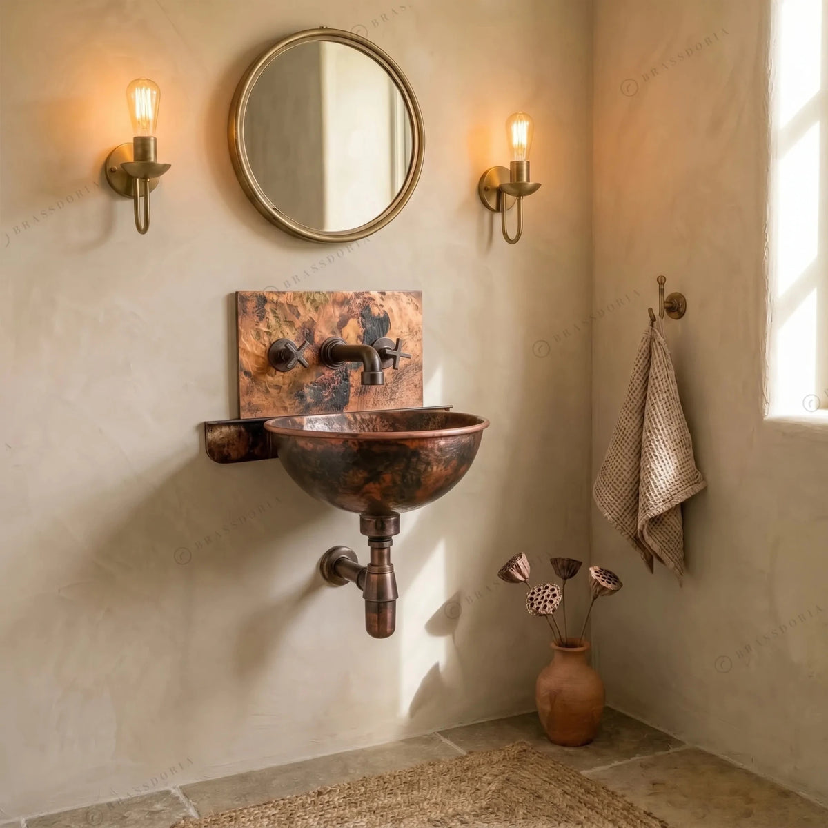 Copper Wall-Mount Bathroom Sink – Rustic Copper Bathroom Basin with Mixer Faucet - BRASSDORIA