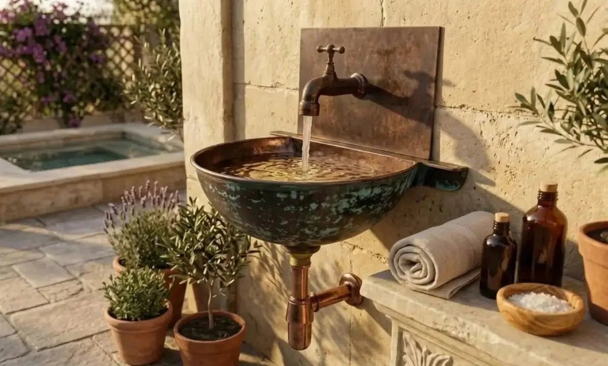 Copper Wall Mounted Bathroom Sink With Copper Mixer Faucet - BRASSDORIA