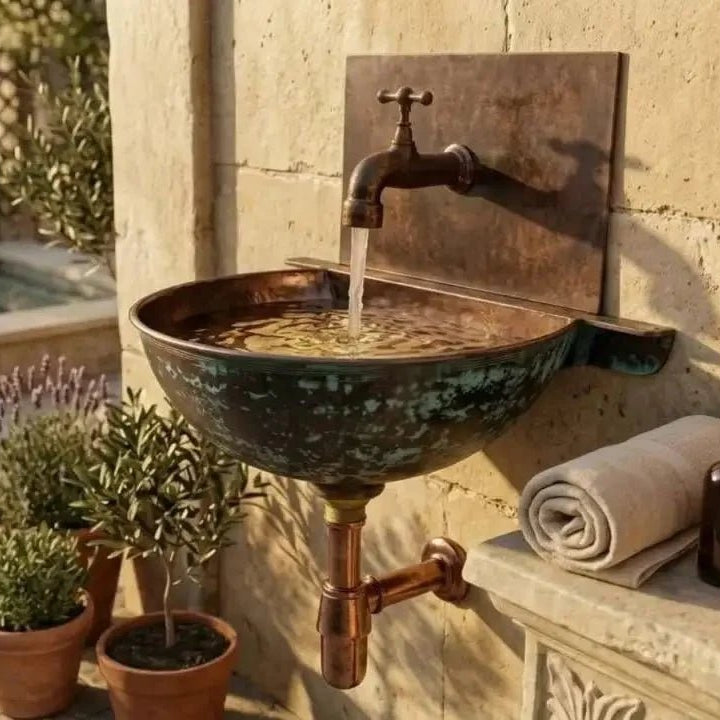 Copper Wall Mounted Bathroom Sink With Copper Mixer Faucet - BRASSDORIA