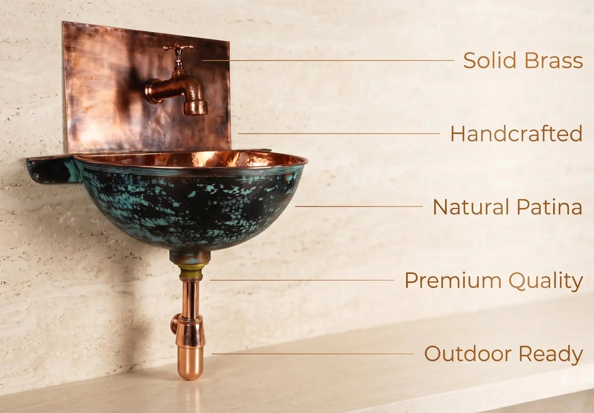 Copper Wall Mounted Bathroom Sink With Copper Mixer Faucet - BRASSDORIA