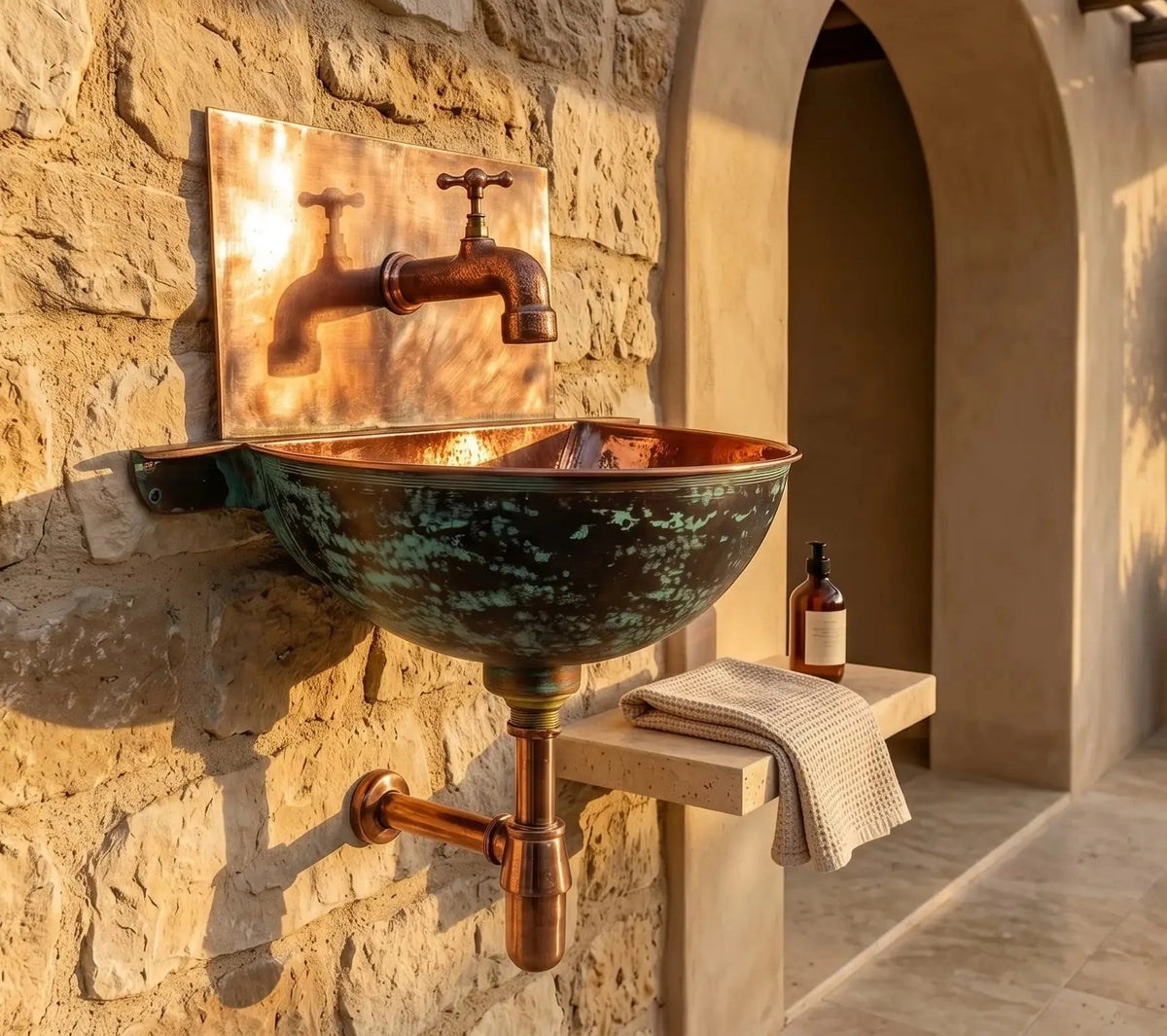 Copper Wall Mounted Bathroom Sink With Copper Mixer Faucet - BRASSDORIA