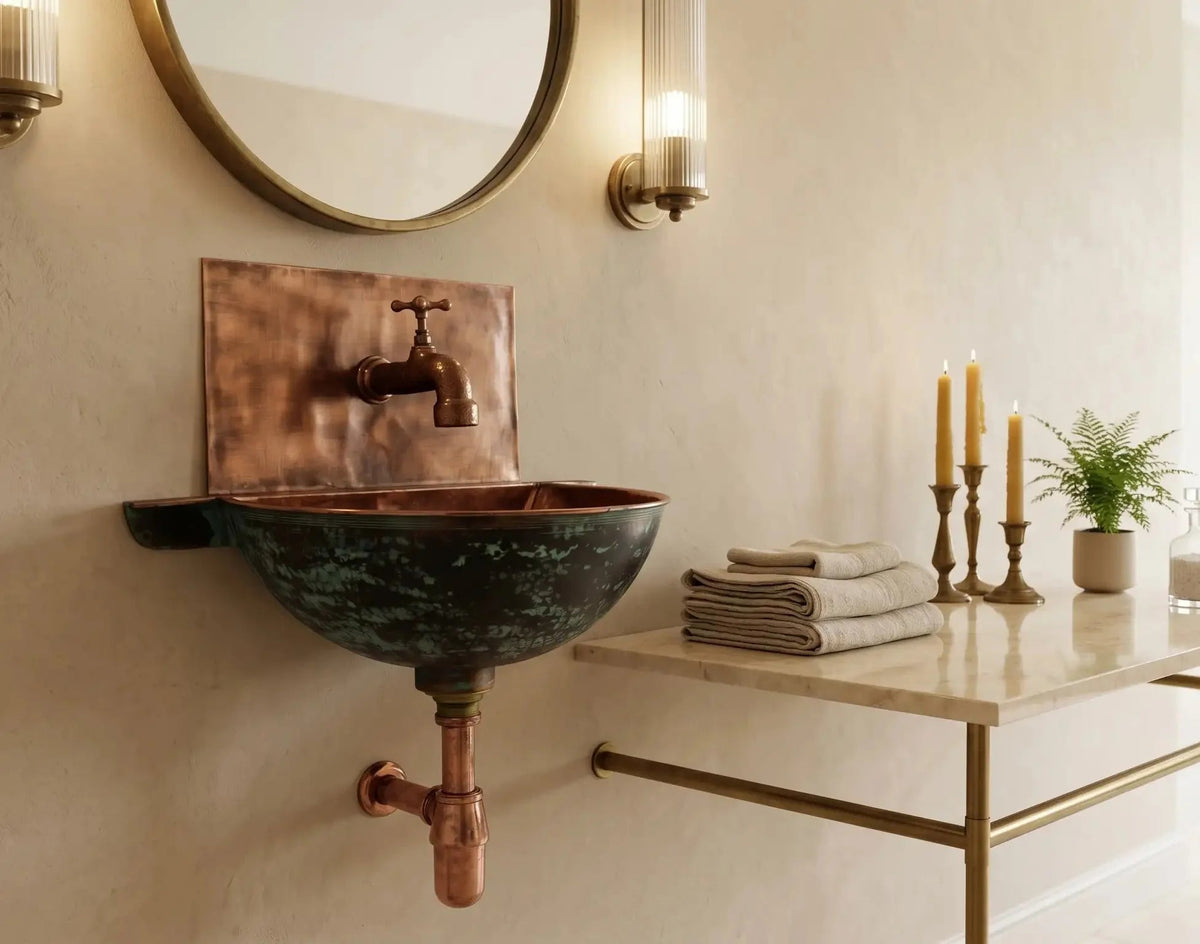 Copper Wall Mounted Bathroom Sink With Copper Mixer Faucet - BRASSDORIA