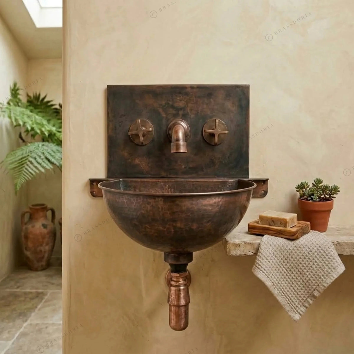 Copper Wall Mounted Bathroom Sink With Copper Mixer Faucet – Hammered Wall-Hung Basin Set - BRASSDORIA