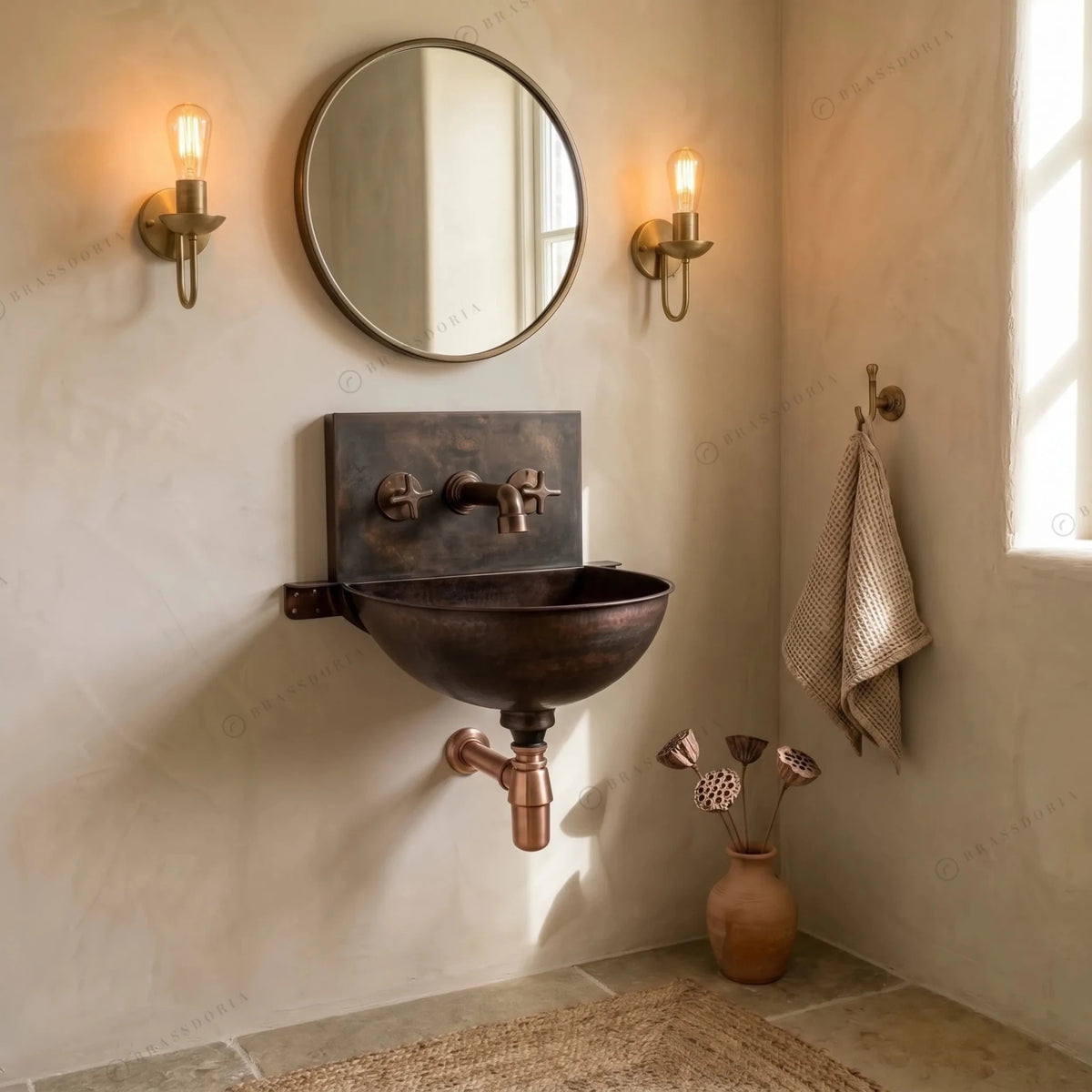 Copper Wall Mounted Bathroom Sink With Copper Mixer Faucet – Hammered Wall-Hung Basin Set - BRASSDORIA
