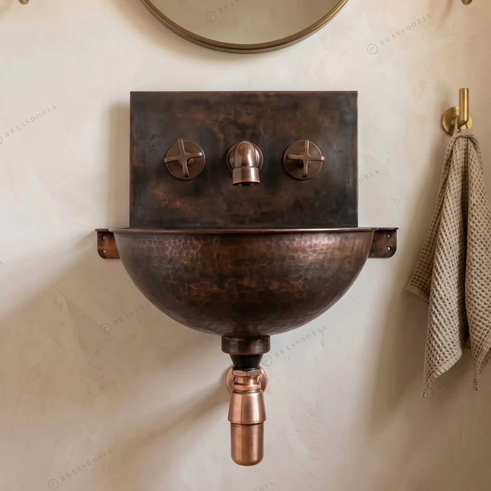 Copper Wall Mounted Bathroom Sink With Copper Mixer Faucet – Hammered Wall-Hung Basin Set - BRASSDORIA