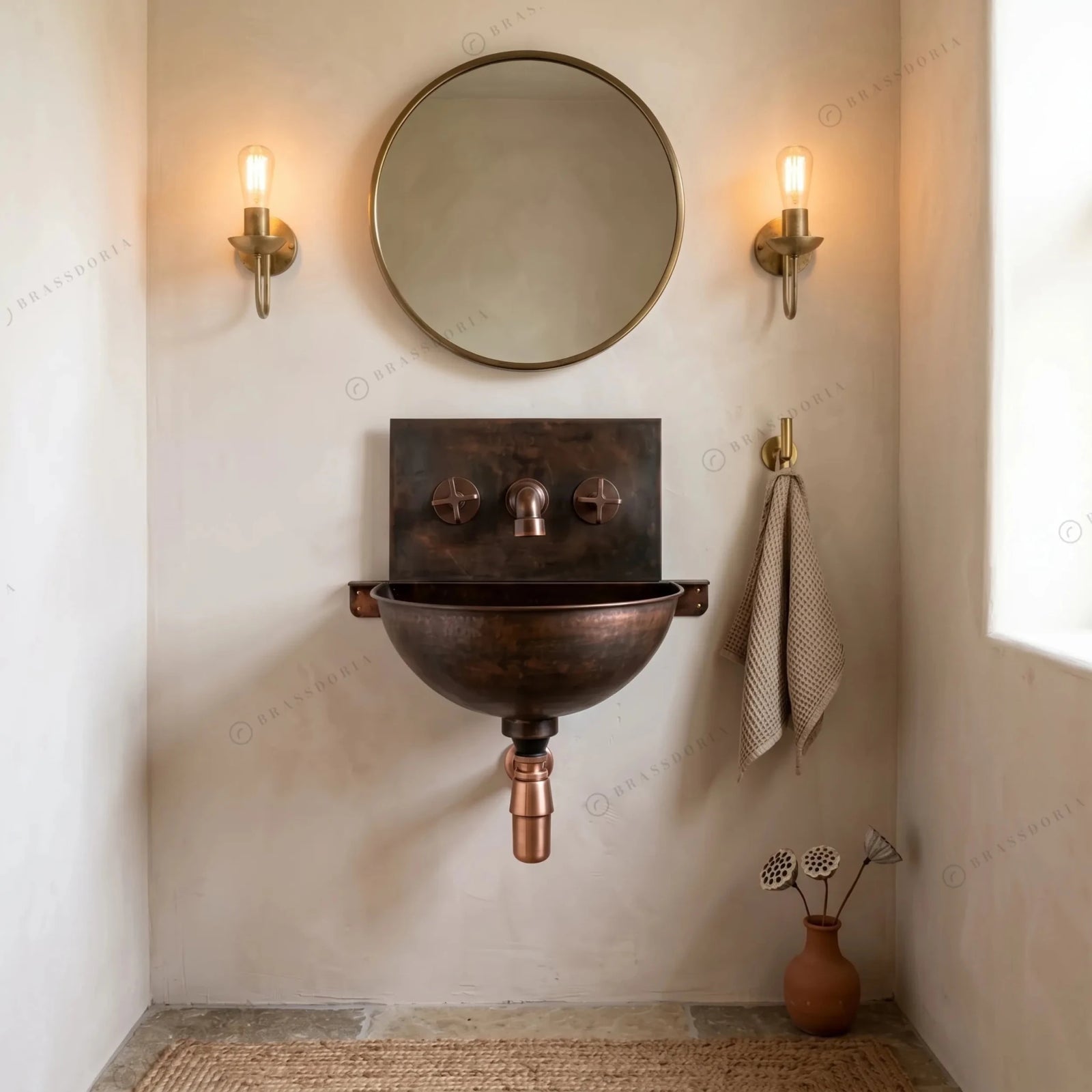 Copper Wall Mounted Bathroom Sink With Copper Mixer Faucet – Hammered Wall-Hung Basin Set - BRASSDORIA