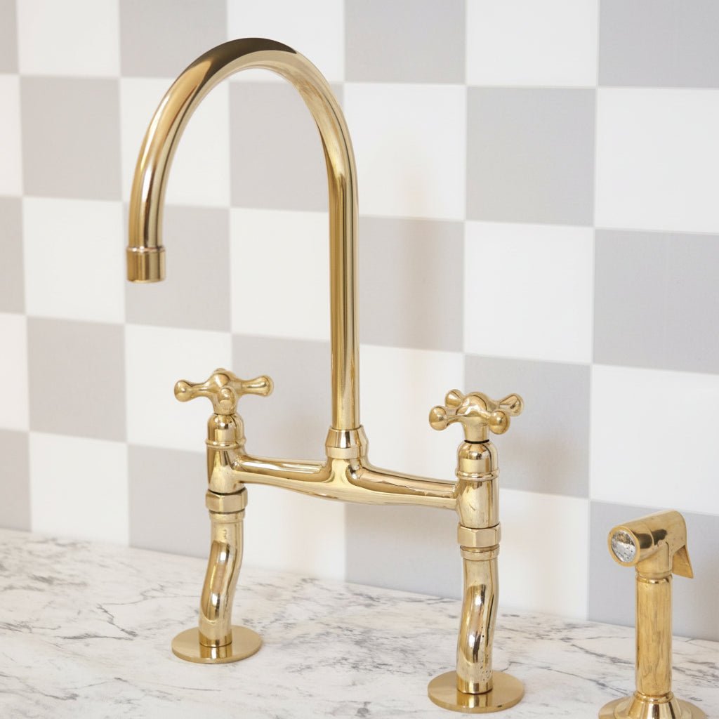 Curved Legs Brass Bridge Faucet, Kitchen Tap - BRASSDORIA