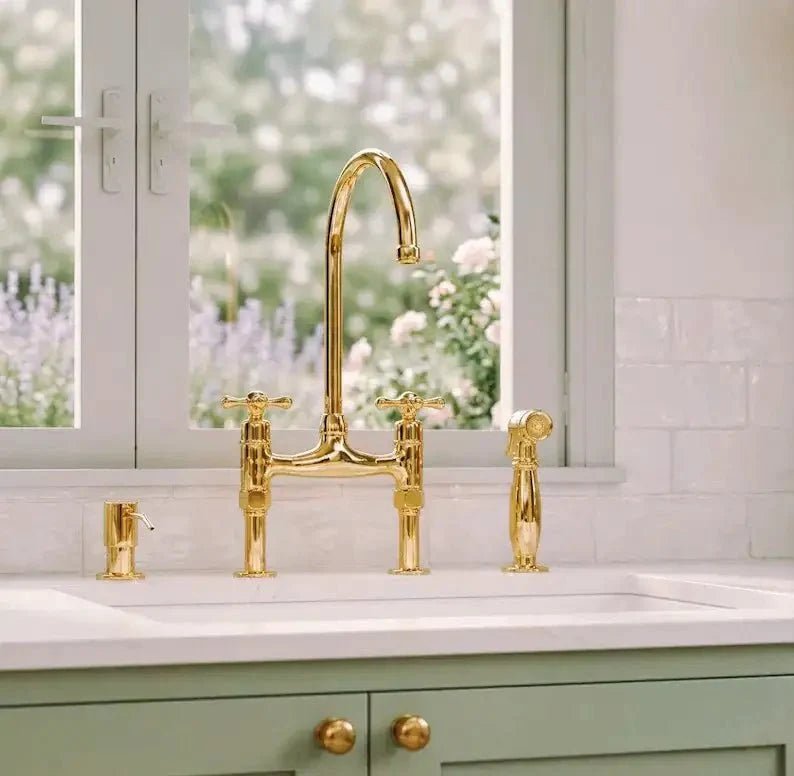 Curved Legs Brass Bridge Faucet, Kitchen Tap - BRASSDORIA