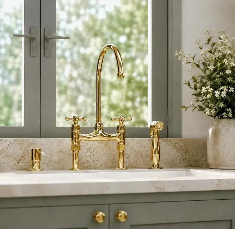Curved Legs Brass Bridge Faucet, Kitchen Tap - BRASSDORIA