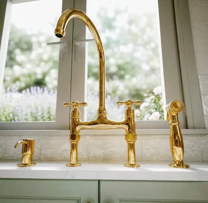 Curved Legs Brass Bridge Faucet, Kitchen Tap - BRASSDORIA