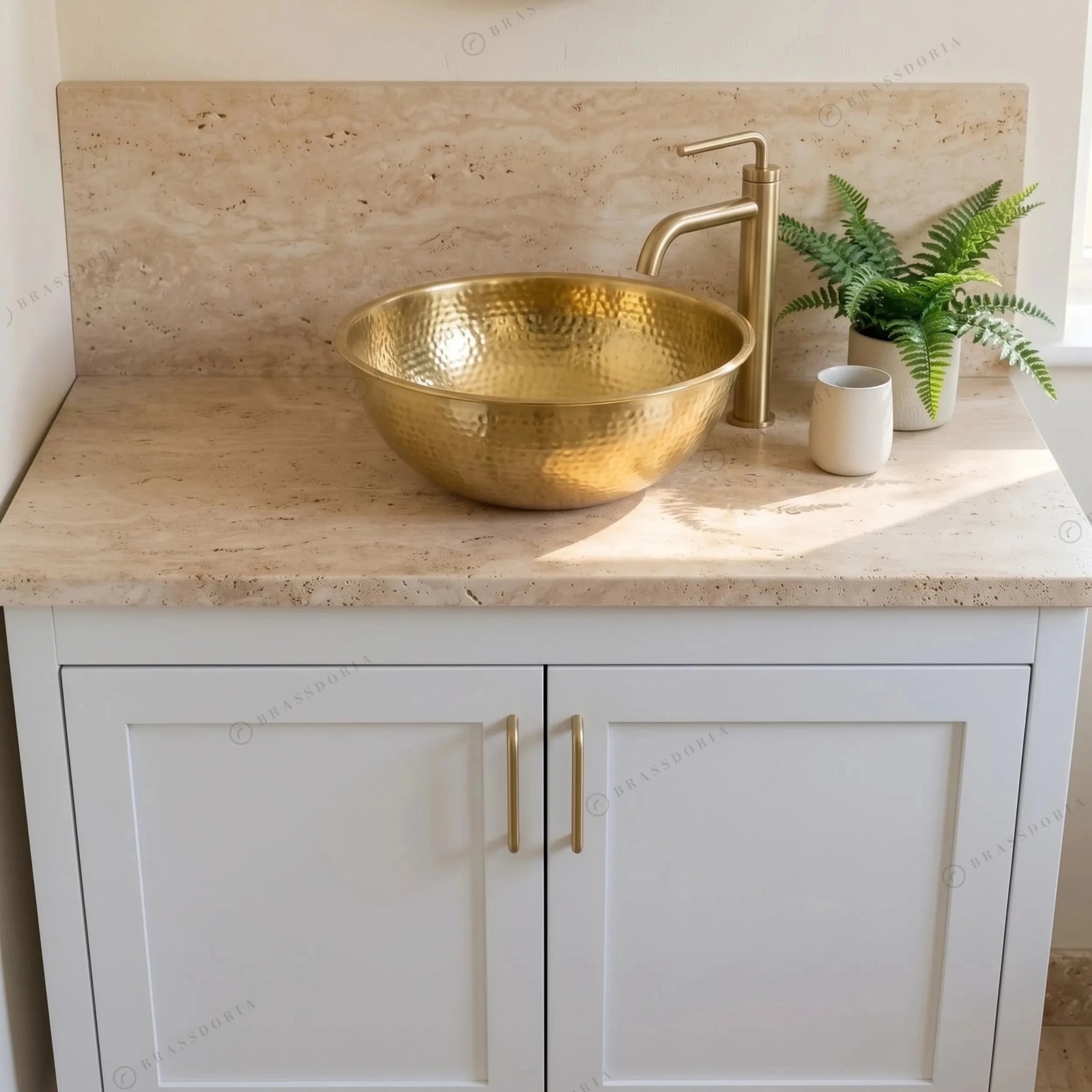 Custom Made 16-Gauge Brushed Brass Bathroom Round Basin – Handmade Hammered Vessel Sink - BRASSDORIA