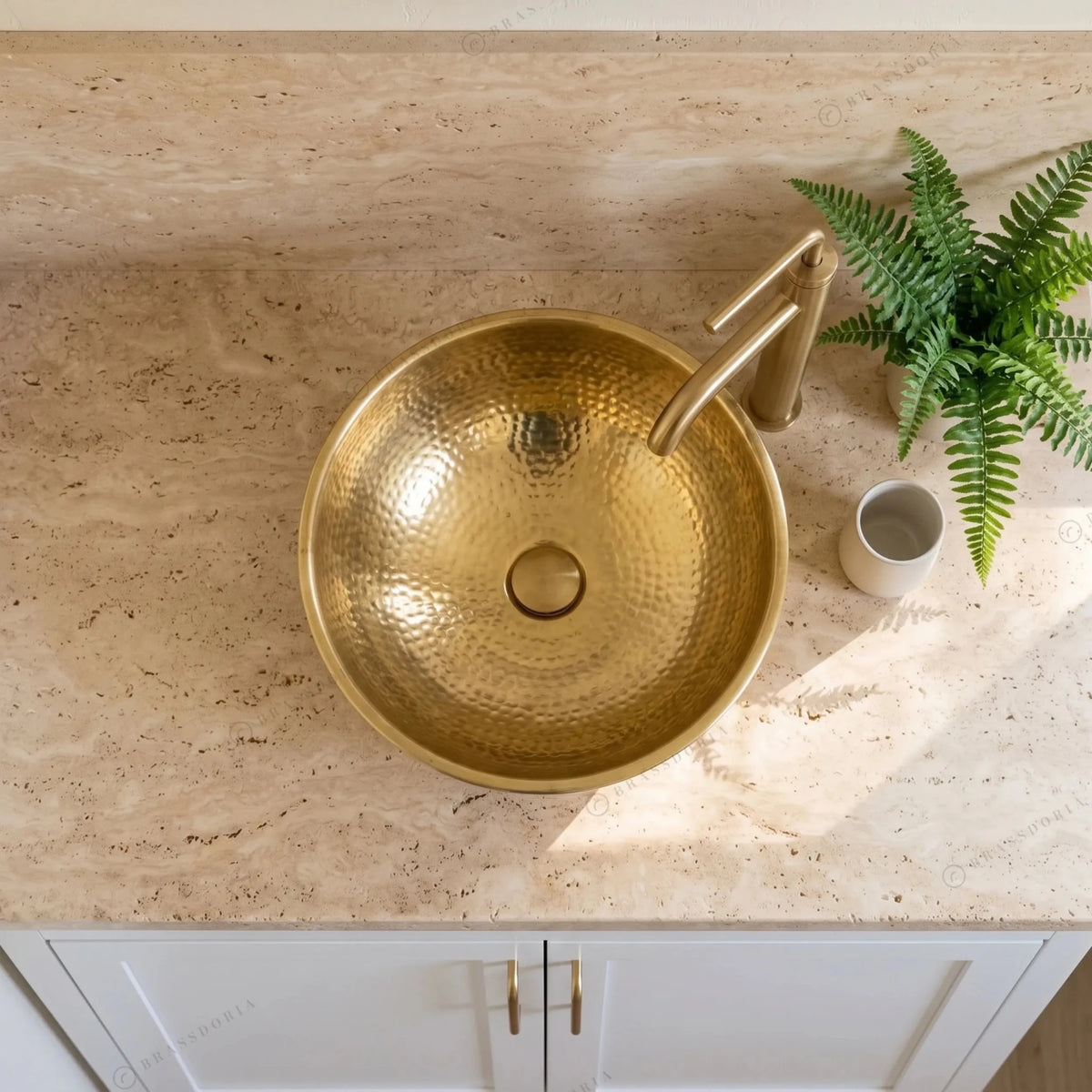 Custom Made 16-Gauge Brushed Brass Bathroom Round Basin – Handmade Hammered Vessel Sink - BRASSDORIA