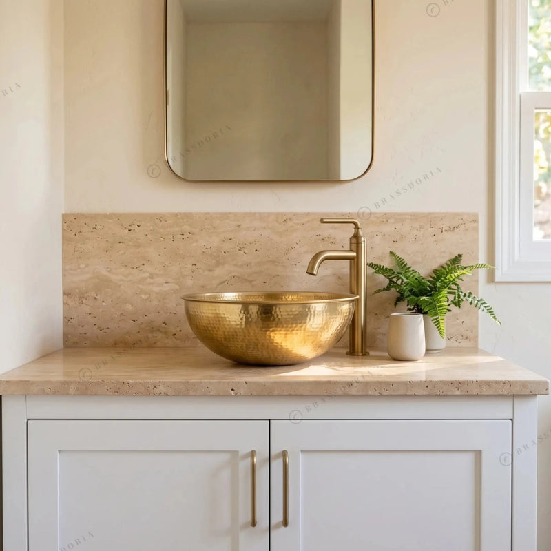 Custom Made 16-Gauge Brushed Brass Bathroom Round Basin – Handmade Hammered Vessel Sink - BRASSDORIA