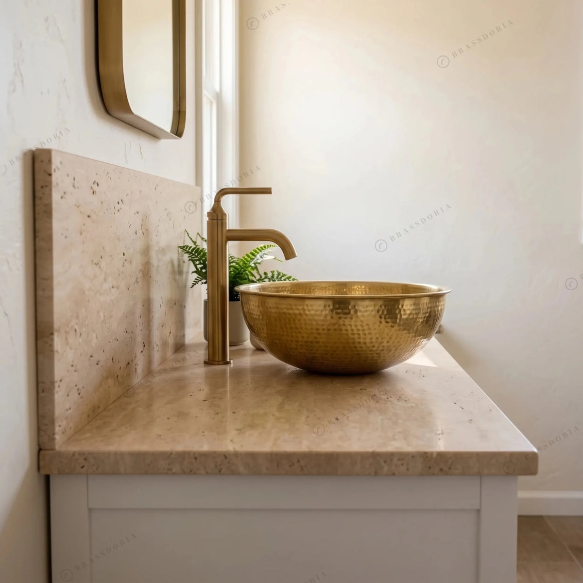 Custom Made 16-Gauge Brushed Brass Bathroom Round Basin – Handmade Hammered Vessel Sink - BRASSDORIA