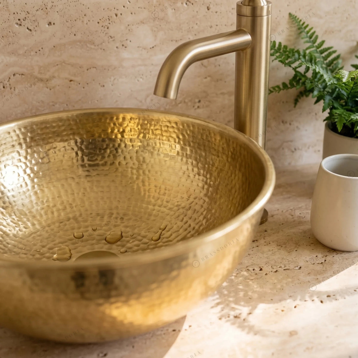 Custom Made 16-Gauge Brushed Brass Bathroom Round Basin – Handmade Hammered Vessel Sink - BRASSDORIA