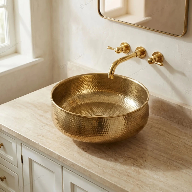 Custom Made Aged Brass Bathroom Vessel Sink – Solid Brass Round Vanity Basin - BRASSDORIA