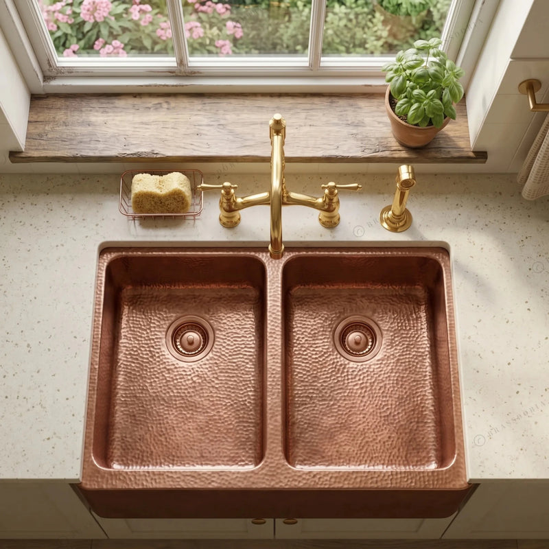 Double Bowl Copper Kitchen Sink Front Apron – Jett - BRASSDORIA