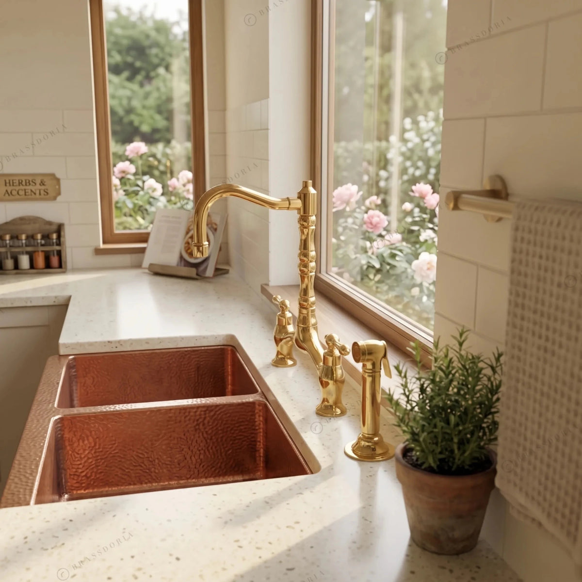 Double-Bowl Hammered Copper Farmhouse Sink – Small Bowl Right – Solara - BRASSDORIA