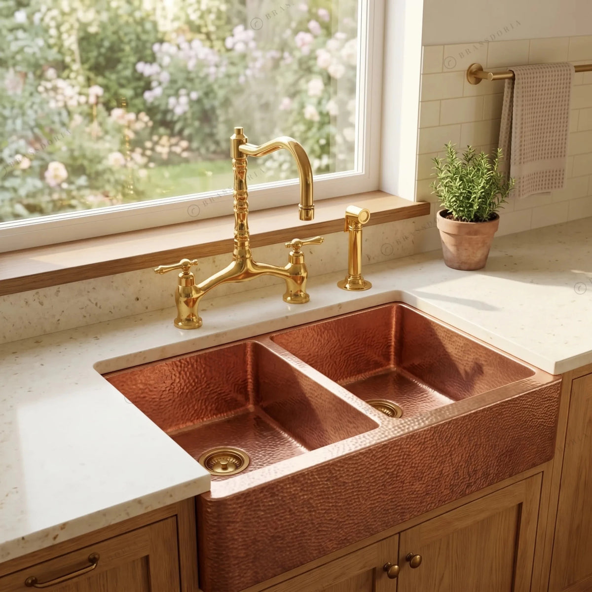 Double-Bowl Hammered Copper Farmhouse Sink – Small Bowl Right – Solara - BRASSDORIA