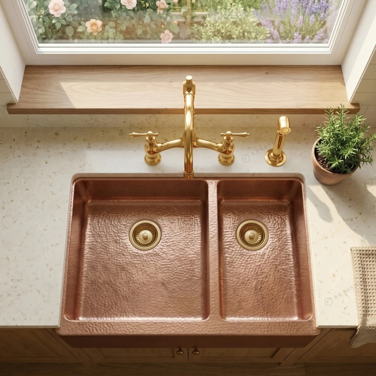 Double-Bowl Hammered Copper Farmhouse Sink – Small Bowl Right – Solara - BRASSDORIA