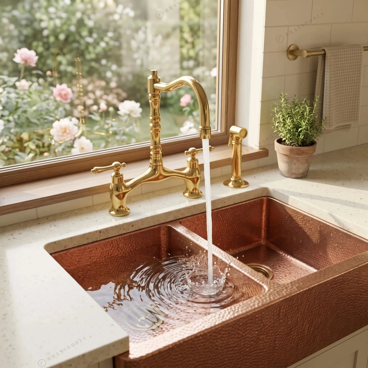 Double-Bowl Hammered Copper Farmhouse Sink – Small Bowl Right – Solara - BRASSDORIA
